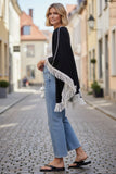 Double Knit Zen Blend Reversible Color Sweater Knit Fringe Poncho  black grey