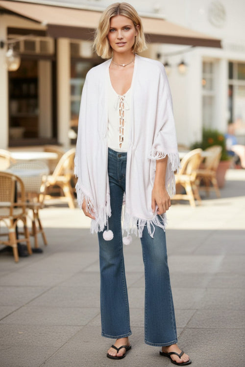 Double Knit Zen Blend Reversible Color Sweater Knit Fringe Poncho  blush pink white