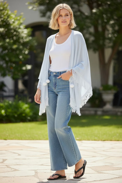 Double Knit Zen Blend Reversible Color Sweater Knit Fringe Poncho  sky blue white