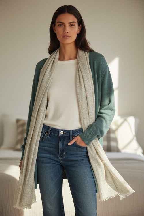 Dreamy Luxury 100% Hand Loomed Cashmere Spray Dot Scarf Wrap subtle luxury cashmere scarves moss green with ivory 2