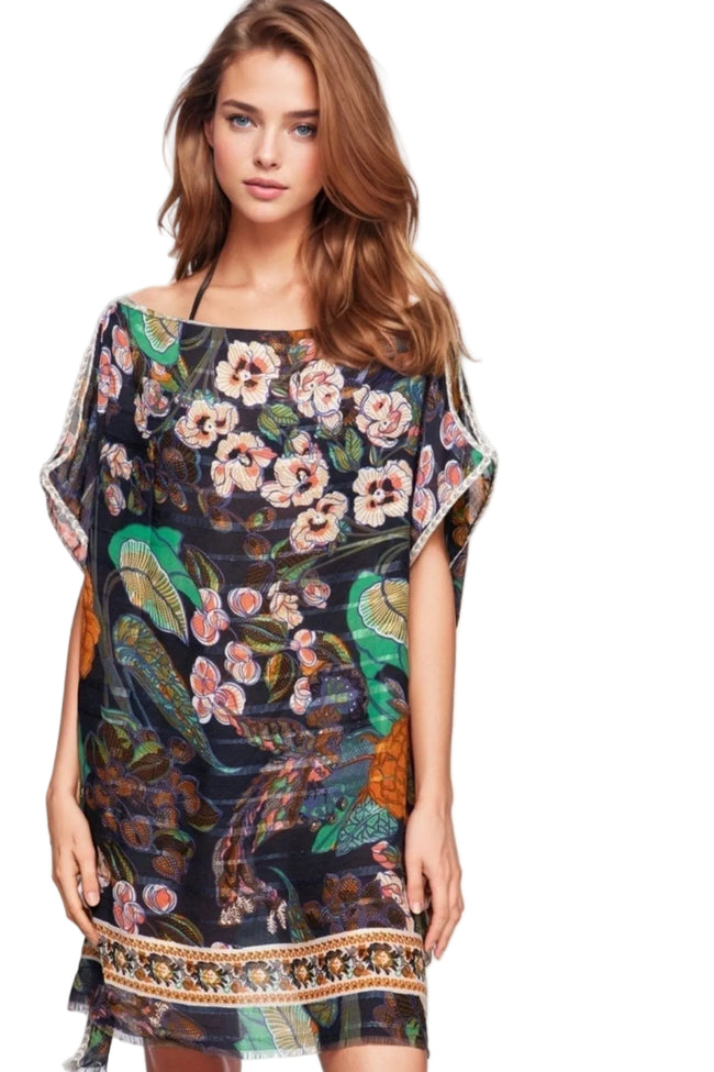 Enchanting Blooms Satin Print Corinthian Shift Sundress Cover-Up navy