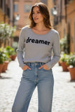 Eve Zen Blend Crewneck Sweater – “Dreamer” Stitched Embroidery grey black