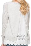 Eyelet Trim Cotton Blend Sweater Mixed Material lt grey heather with white eyelet
