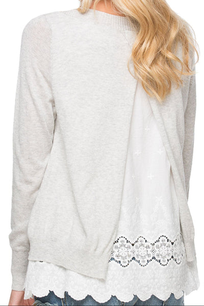 Eyelet Trim Cotton Blend Sweater Mixed Material lt grey heather with white eyelet