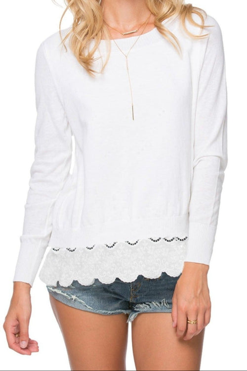Eyelet Trim Cotton Blend Sweater Mixed Material white with white eyelet 2-Subtle Luxury Sweater 2