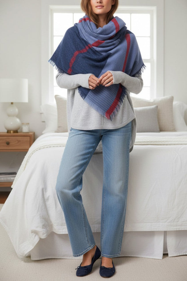 FHB19Marled Stripe Blanket Wrap in Navy with Red 2