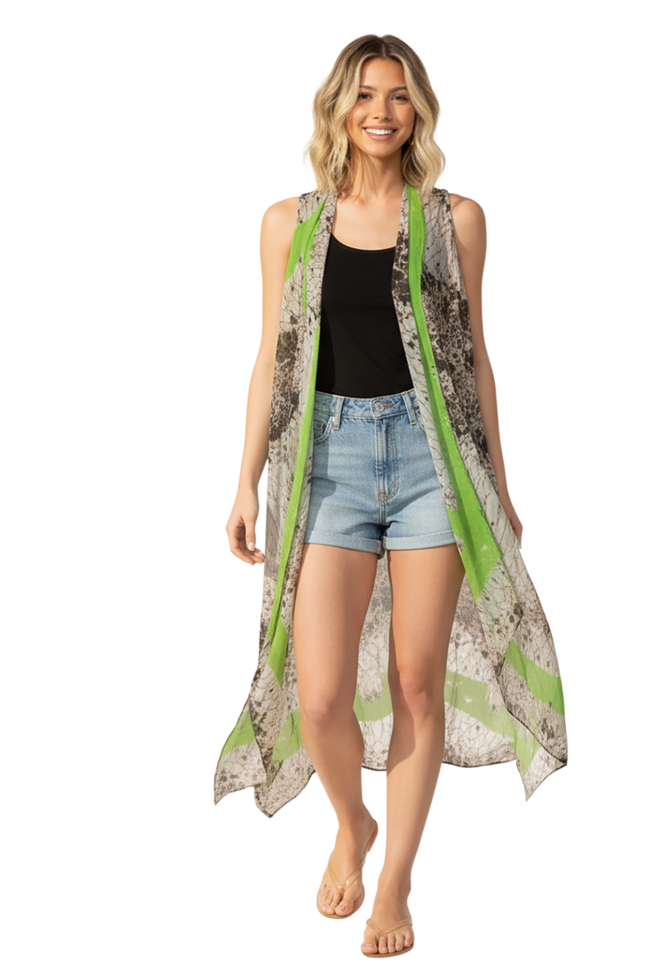 FSV14T5B Free Spirit Multi-Wear Coverup Vest Dress in Painted Snake Print with Lime Accent