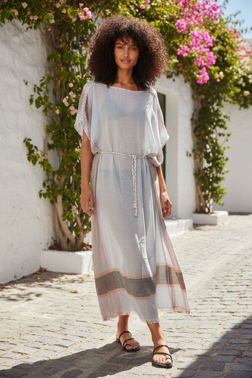 Farrah Kaftan Maxi Coverup Sundress in Coastal Blue Woven Fabric