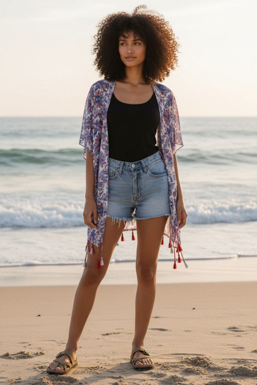 Floral Ivy Print Tassel Coverup Kimono