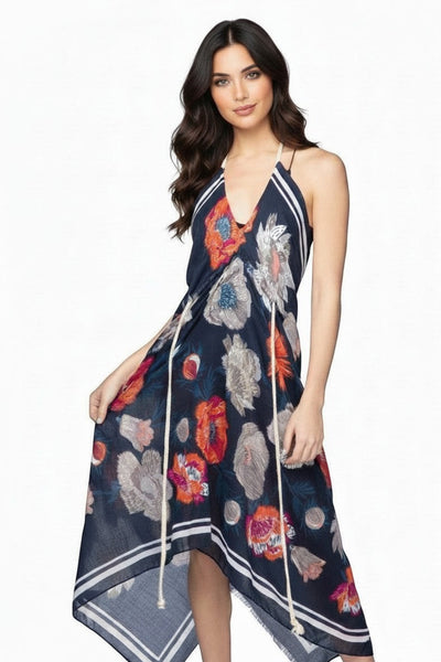 Floral Navy Border Print Halter Neck Sundress Coverup front