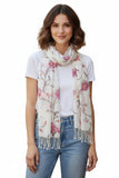 Subtle Luxury Floral Print Extra Fine Wool Fashion Scarf Wrap white with pink