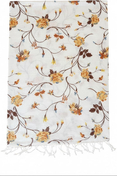 Subtle Luxury wool scarf featuring a white background with a romantic orange and brown floral rose print and fringe