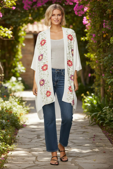 Forest Native Cotton Print with Embroidery Kimono Coverup