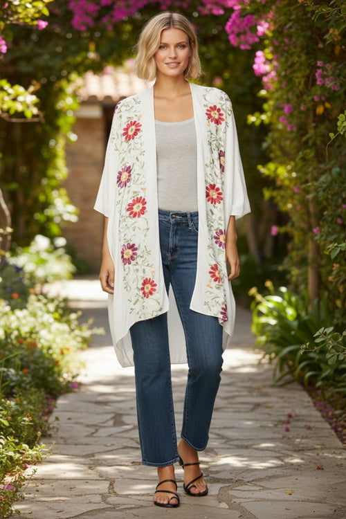Floral Vines Embroidered Kimono Coverup white
