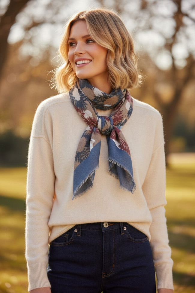 Flower and Dots Sheer Print Scarf Wrap | Lightweight Floral Boho Shawl denim blue