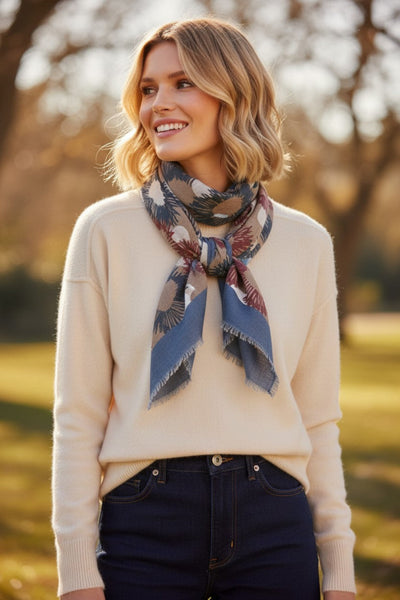 Flower and Dots Sheer Print Scarf Wrap | Lightweight Floral Boho Shawl denim blue