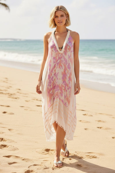 Fringe Halter Cover-Up Sundress in Peachy Perfect Jacquard