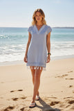 Fringe Tassel Embroidery Short Dress in Washed Cotton Chambray blue subtle luxury-08-