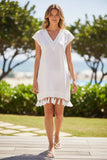 Fringe Tassel Embroidery Short Dress in Washed Cotton Chambray white with gold lurex  subtle luxury