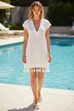 Fringe Tassel Embroidery Short Dress in Washed Cotton white  chambray subtle luxury-08-