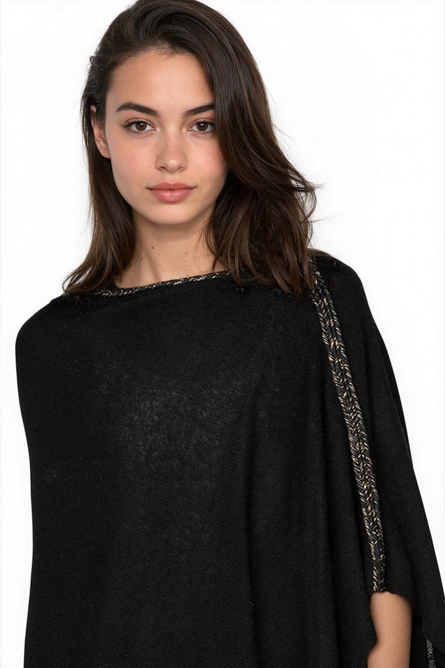 Be Golden 100% Cashmere Braided Trim Poncho