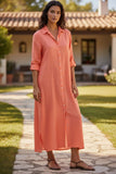 Getaway Double Gauze Cotton Maxi Button  Dress in Solid Colors coral