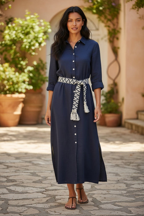 Getaway Double Gauze Cotton Maxi Button  Dress in Solid Colors indigo blue