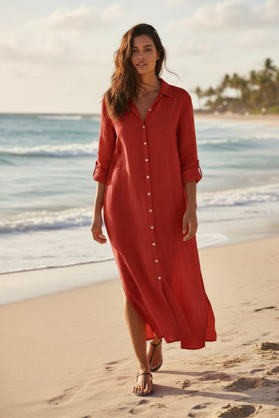Getaway Double Gauze Cotton Maxi Button  Dress in Solid Colors red