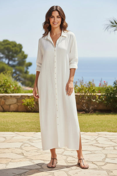 Getaway Double Gauze Cotton Maxi Button  Dress in Solid Colors white