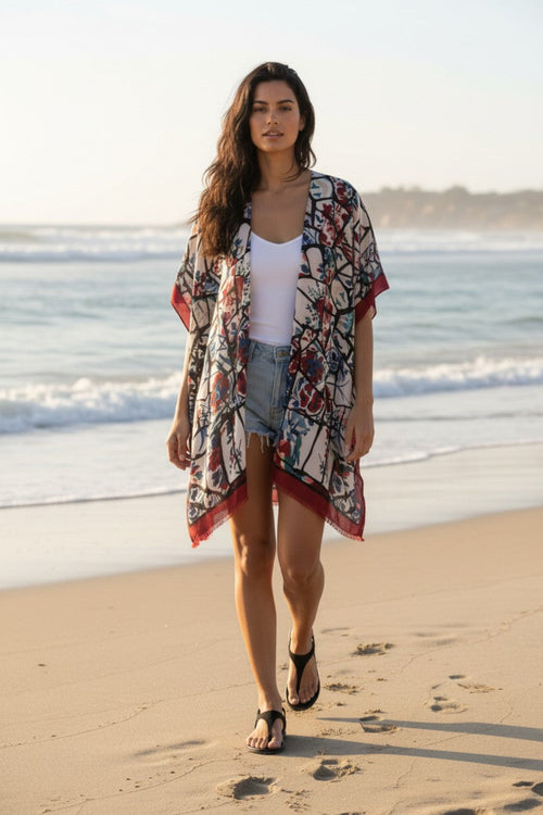Glass Flower Print Coverup Kimono Wrap in Red-Blue