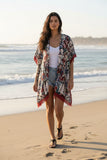 Glass Flower Print Coverup Kimono Wrap in Red-Blue