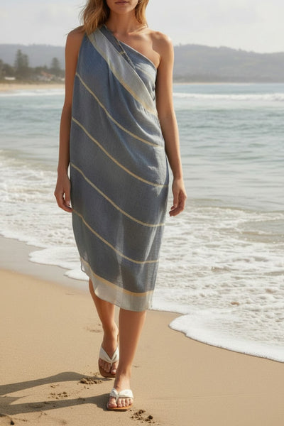 Gold Lurex Stripe Sheer Multi-Wear Coverup Vest Dress blue and gold stripe