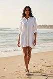 Gold Tan-Tan-Ziggy Button Down Embroidery Shirt Dress in Washed Cotton