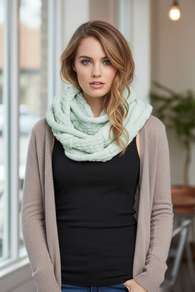 H14K15 Cable Knit Infinity Scarf & Knit Beannie Hat Set in Mint 2