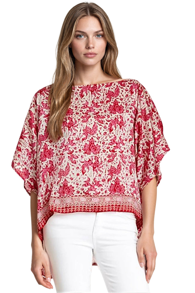 HLTSE floral wine red Hi Low Luxury Silk Bali Stamp Print Silk Top