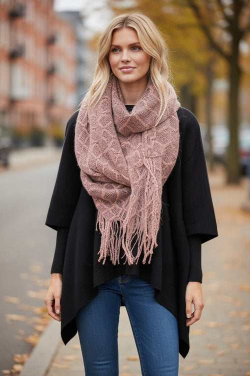 Hand Knit 2-Way Long or Mesh Cowl Neck Infinity Fringe Scarf tank pink