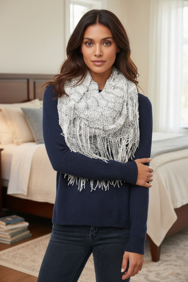 Hand Knit 2-Way Long or Mesh Cowl Neck Infinity Fringe Scarf white grey