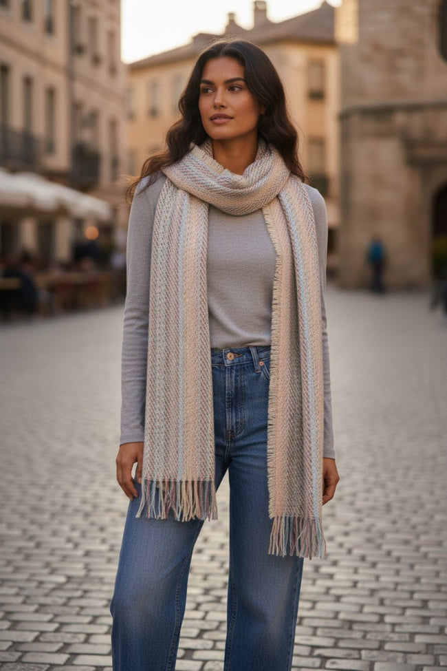Hand Loomed Colored Stitches Winter Scarf-Wrap ivory multi pastel