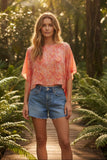 Hi-Low Luxury Silk Bali Stamp-Print Cropped Top floral stamp coral