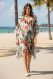 Hibiscus Garden Bell-Sleeve Caftan Swimsuit Cover-Up – White Tropical Print