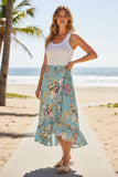 High Low Wrap Skirt in Tropical Escape Print eggshell blue 