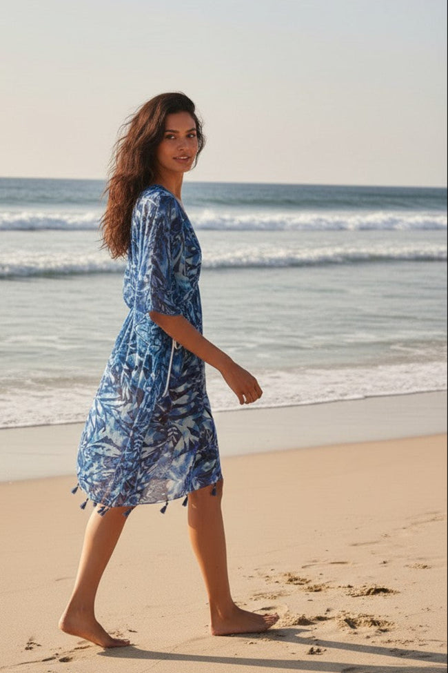 Island Vibes Blue Batik Tropical Sheer Isle Sundress Coverup 3