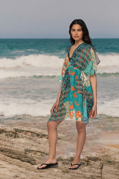 Isle Coverup Kaftan Short Dress – Okinawa Patchwork Print