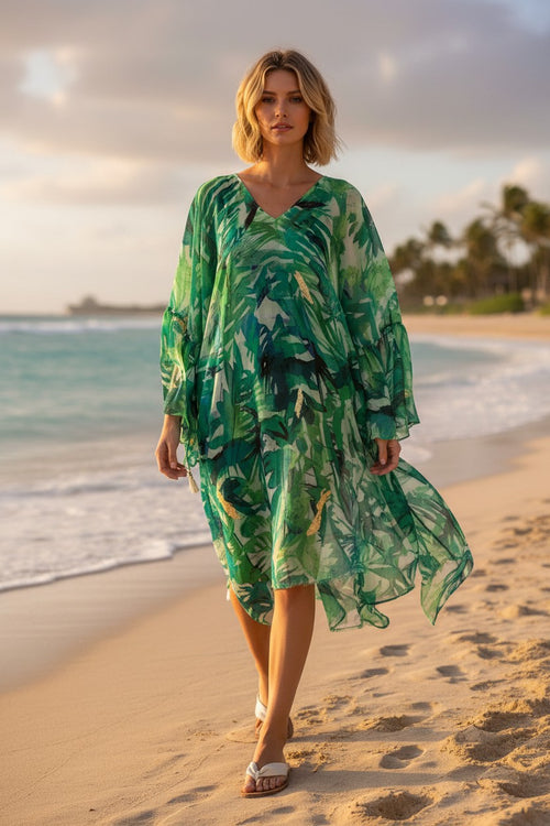 Into the Jungle Print Sheer Coverup Bell Kaftan Dress