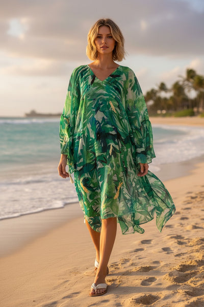 Into the Jungle Print Sheer Coverup Bell Kaftan Dress