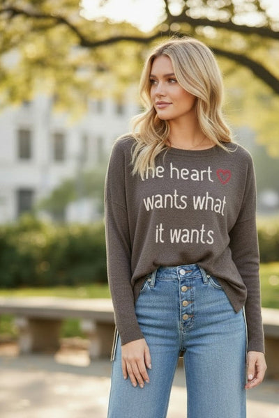 Jane Crewneck Zen Blend Sweater with Stitched Embroidery Brown the heart wants what it wants