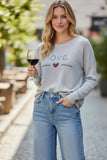 Jane Crewneck Zen Blend Sweater with Stitched Embroidery love on lt grey sweater