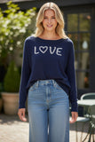 Jane Crewneck Zen Blend Sweater with Stitched Embroidery love on navy sweater