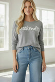 Jane Crewneck Zen Blend Sweater with Stitched Embroidery weekend heart grey with white