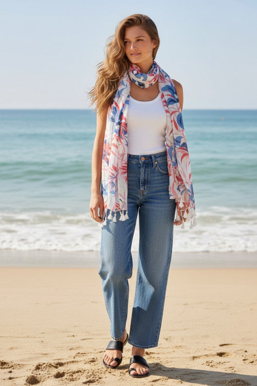 Je T'aime Floral Red and Blue Print Scarf Wrap-